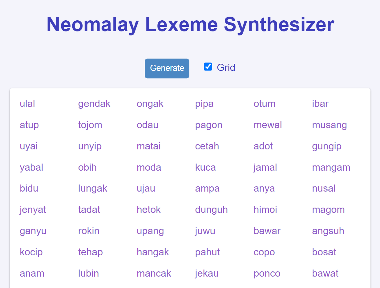 Screenshot of the language synthesizer app.